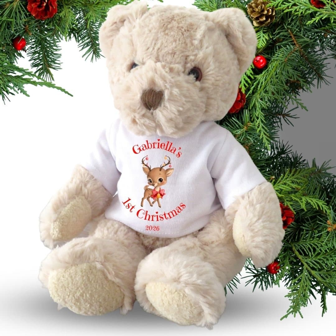 Personalised reindeer teddy bear in a T-shirt with a 1st Christmas design