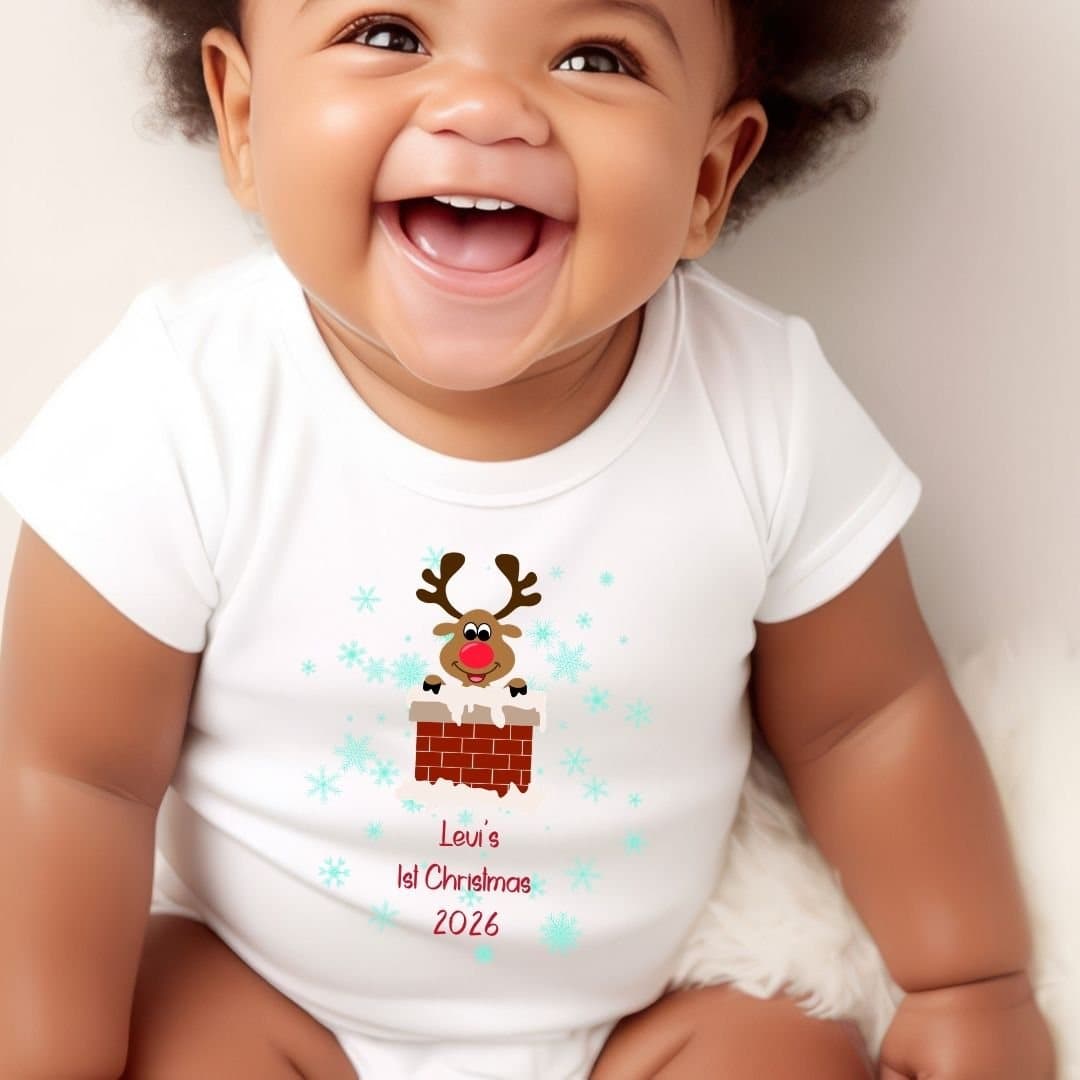 Personalised Rudolph baby outfit with a snowy chimney design and a name