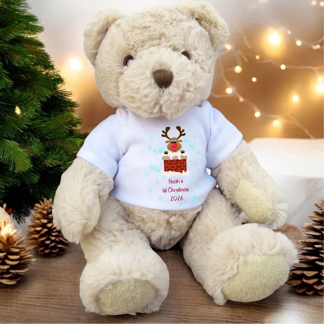 Personalised Rudolph teddy bear with a name on its T-shirt