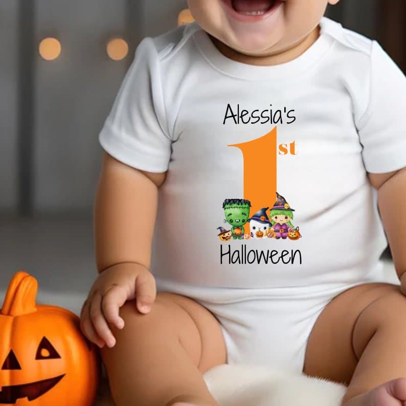 Baby vest with a 1st Halloween design and three little Halloween characters