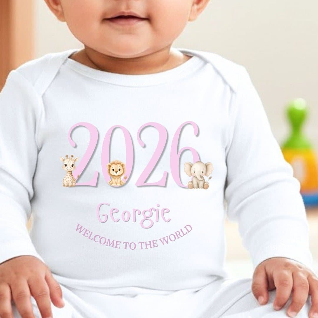 Pink personalised baby grow with a safari animals design and a name