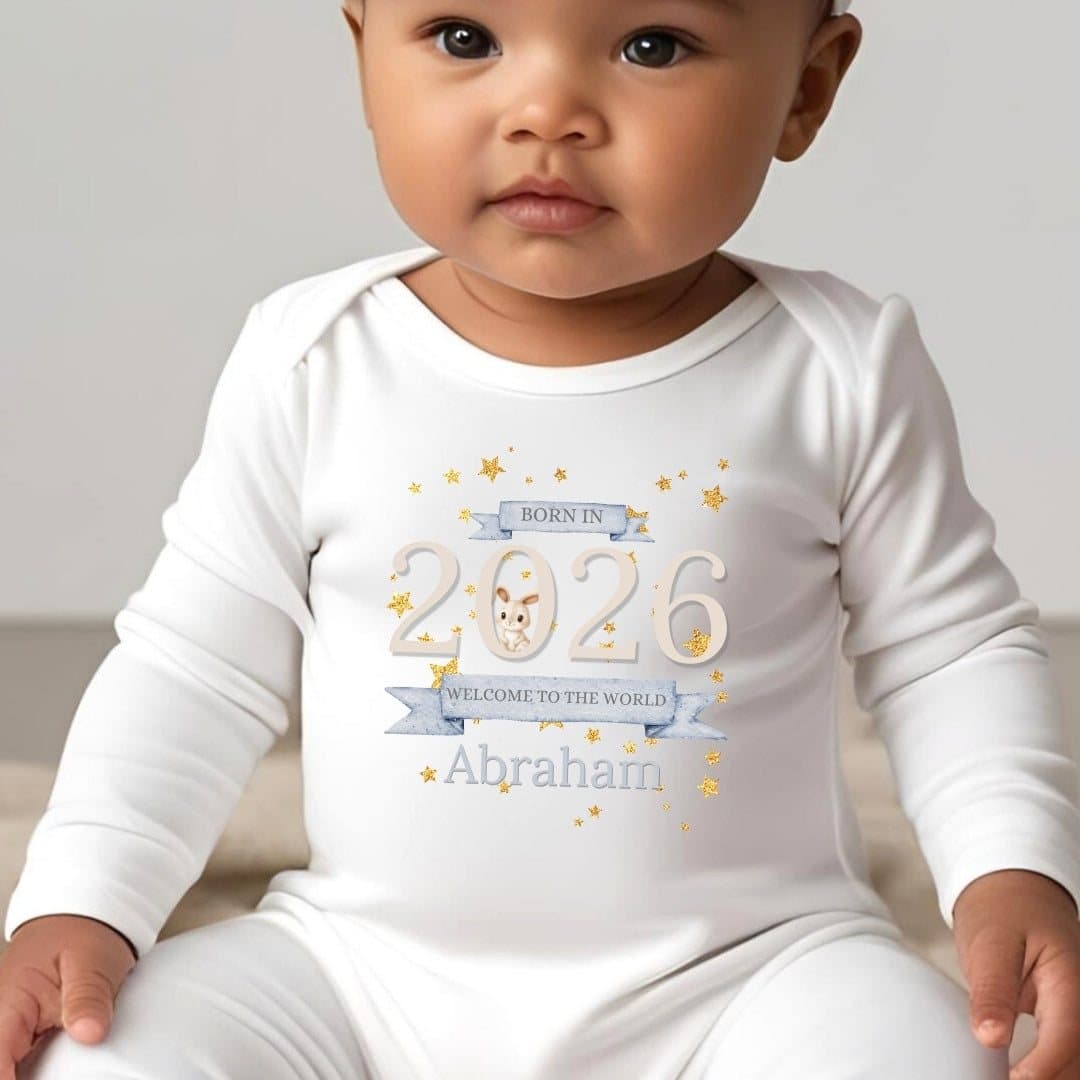 Personalised bunny baby outfit with Born in 2026 and Welcome to the World banners