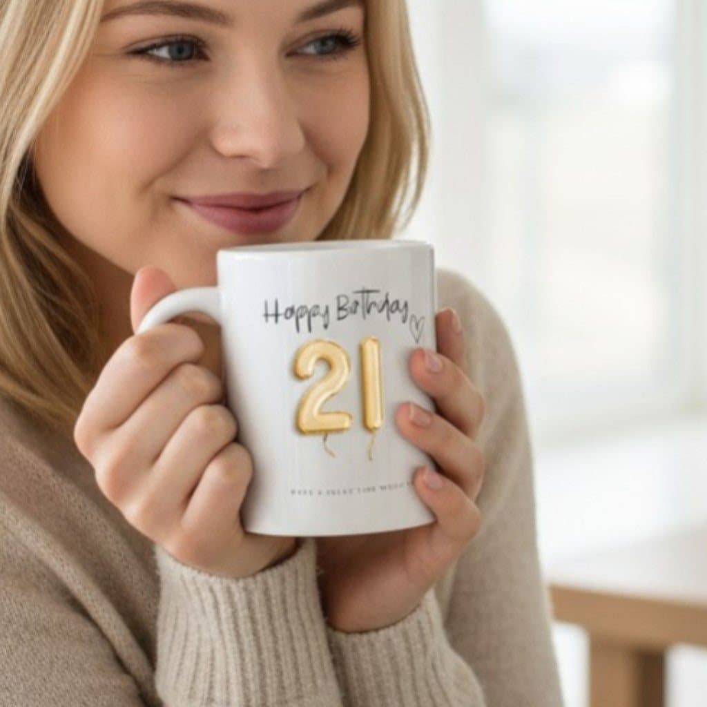 Personalised 21st birthday mug with a gold balloons design printed on both sides