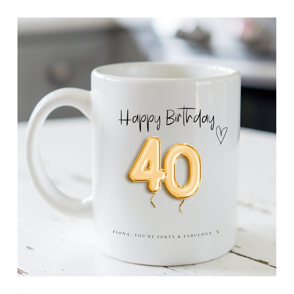 Ceramic mug with a gold balloons design printed for a 40th birthday