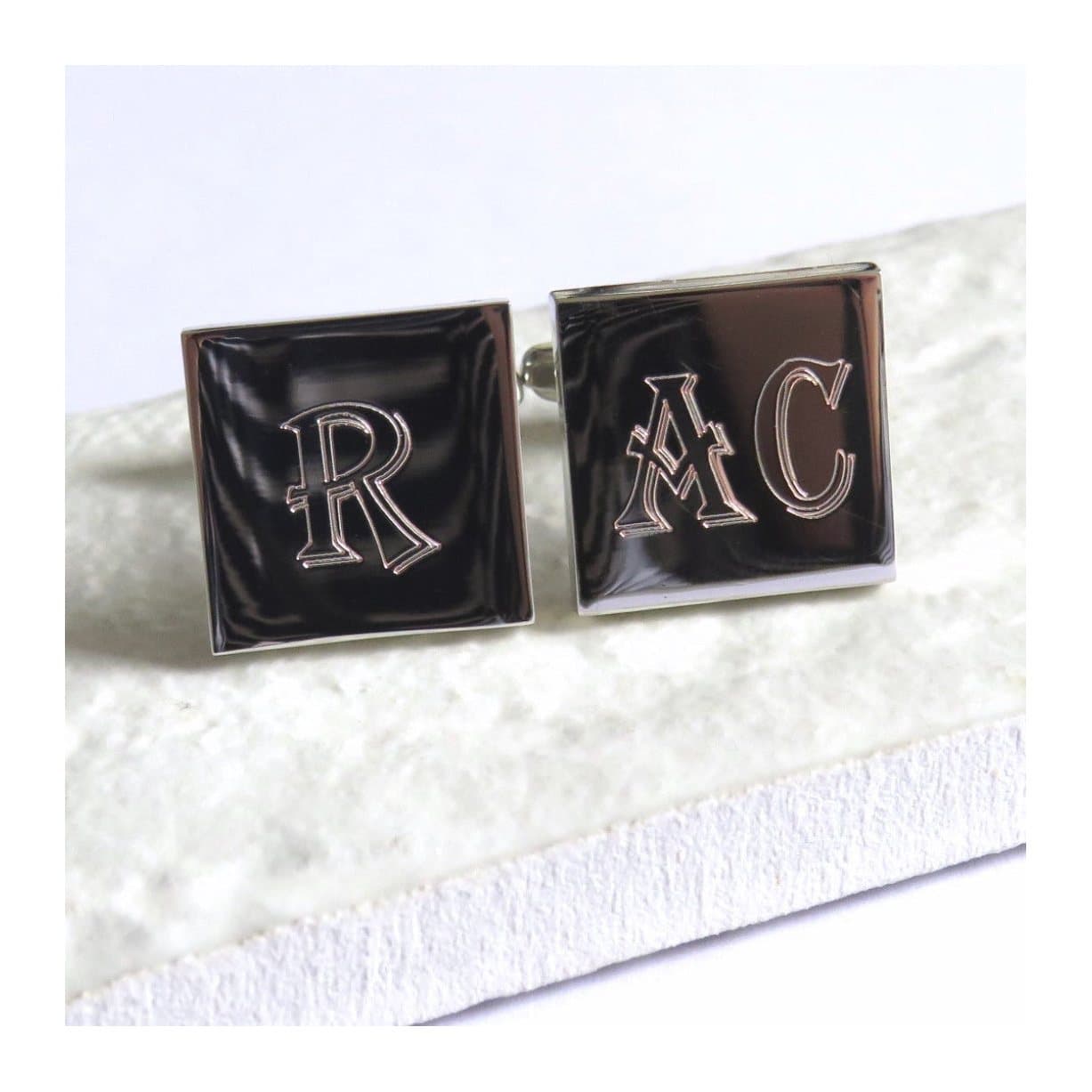 Personalised square cufflinks in a silver coloured rhodium plated finish