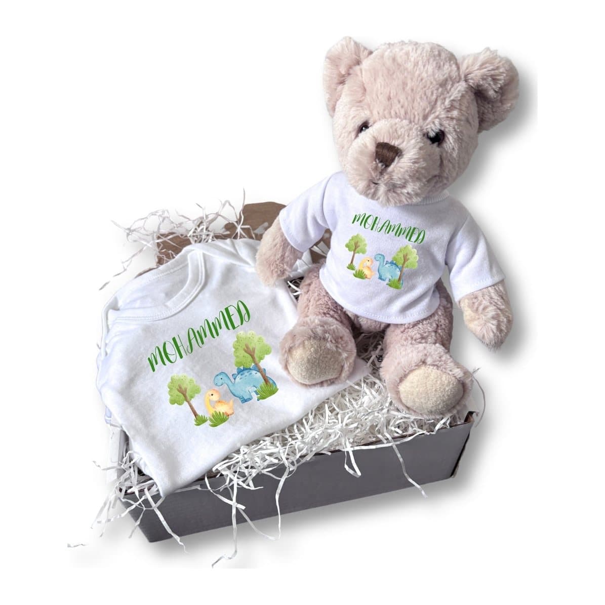 Personalised baby gift box with a teddy bear and baby vest in the Baby Dinosaurs design