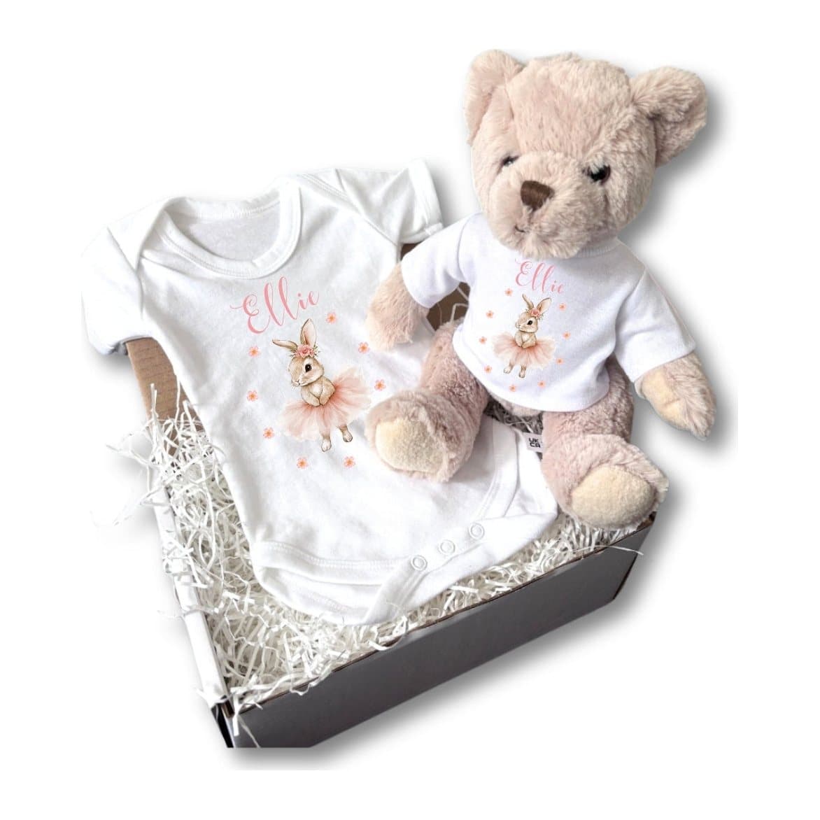 Personalised ballet bunny baby vest and teddy bear in a white gift box