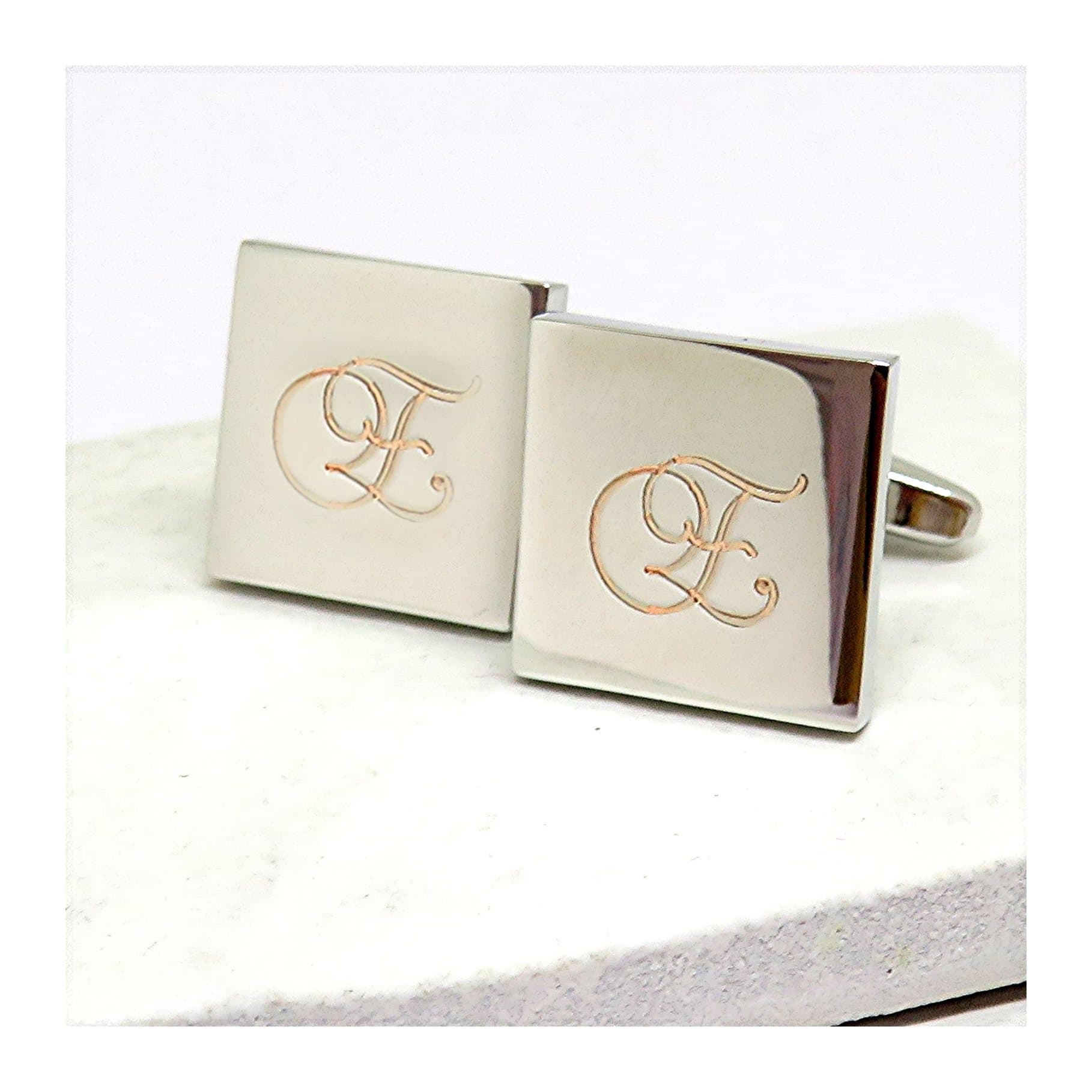 Personalised square cufflinks with an engraved initial in monogram script
