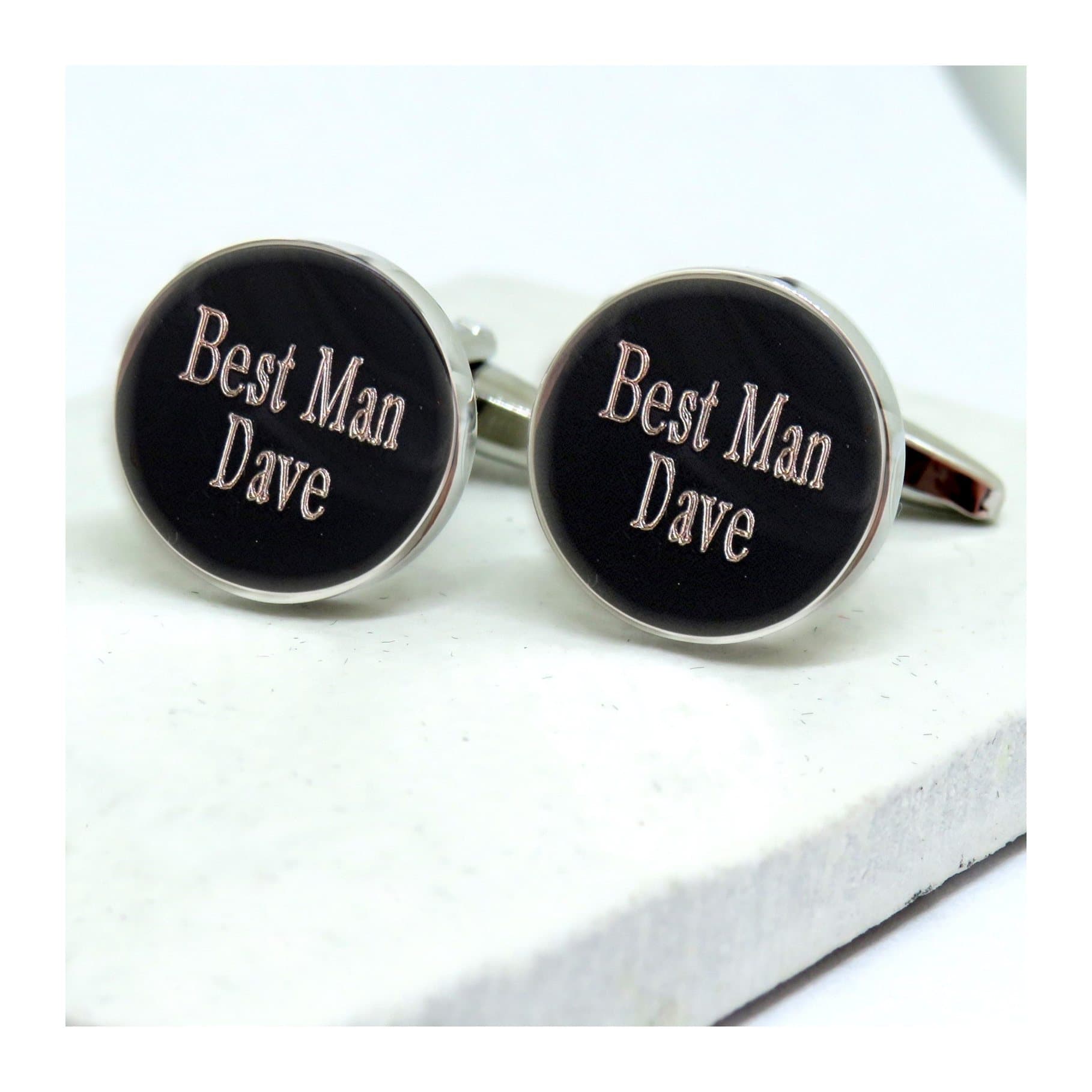 Personalised round silver-coloured cufflinks for a best man