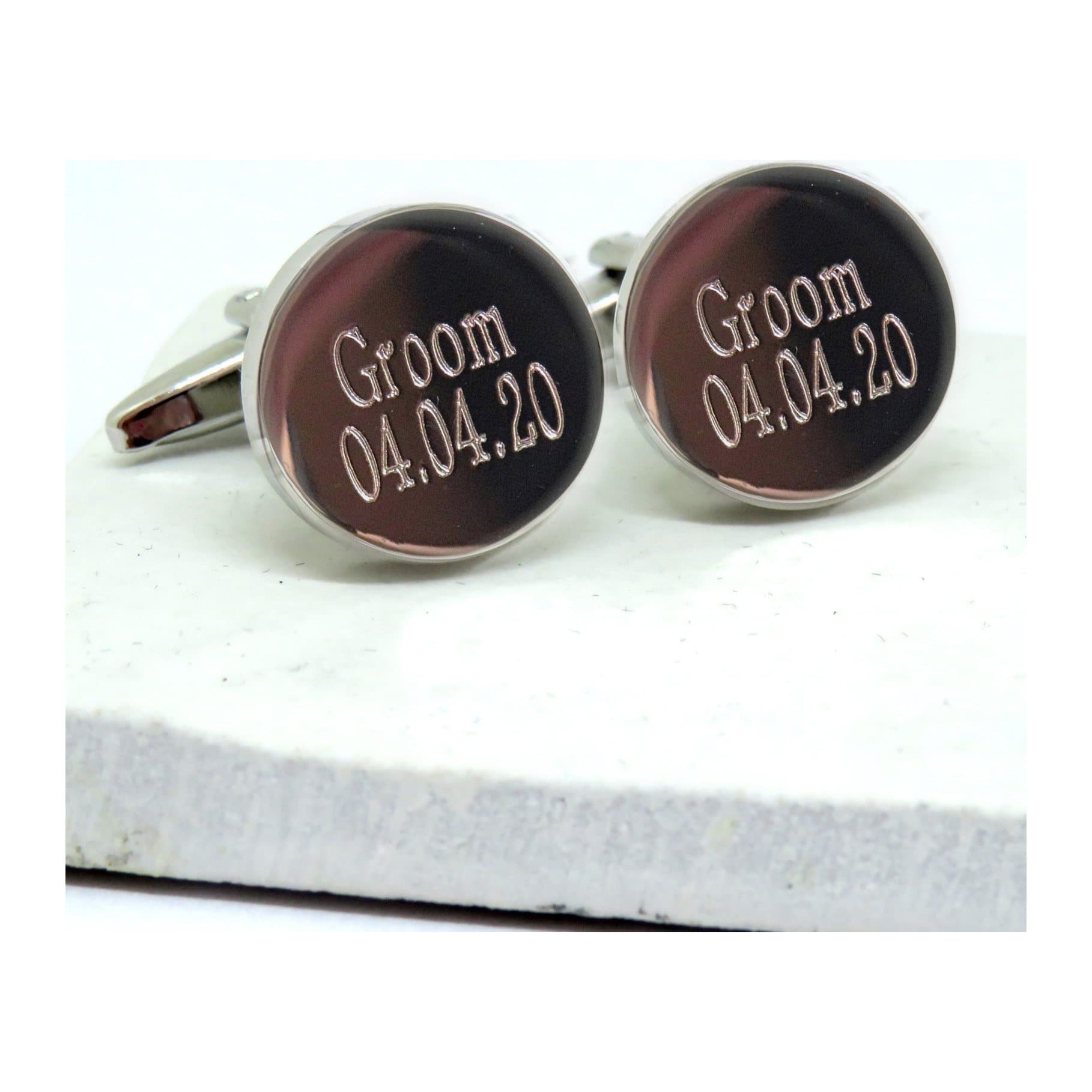 Round silver-coloured personalised groom cufflinks