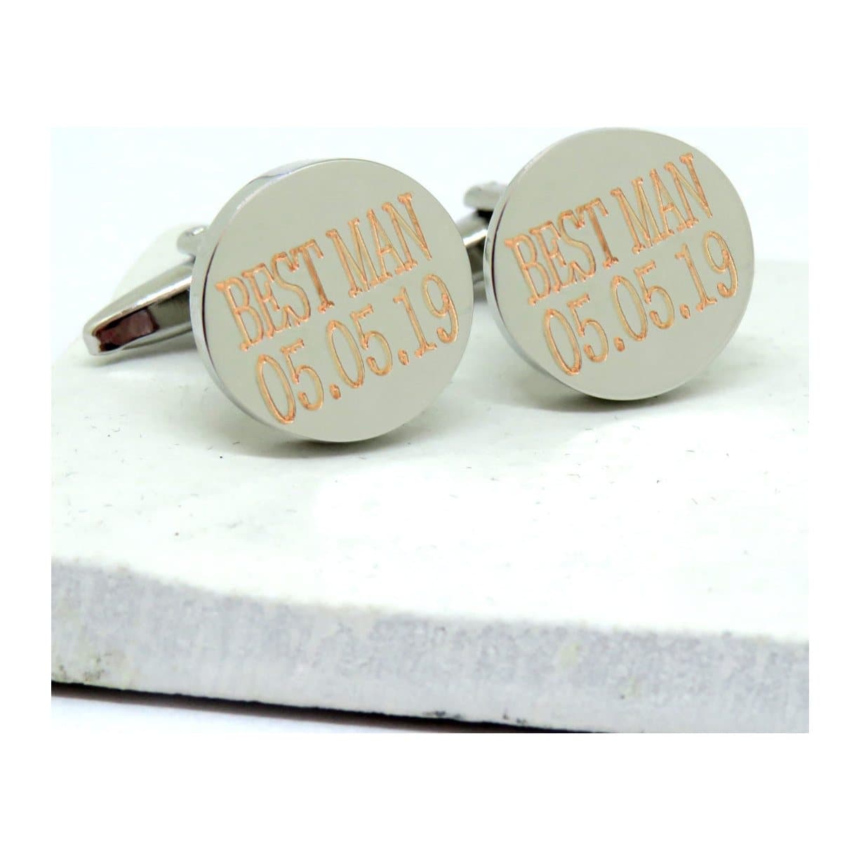 Personalised silver coloured wedding cufflinks, 18 mm across