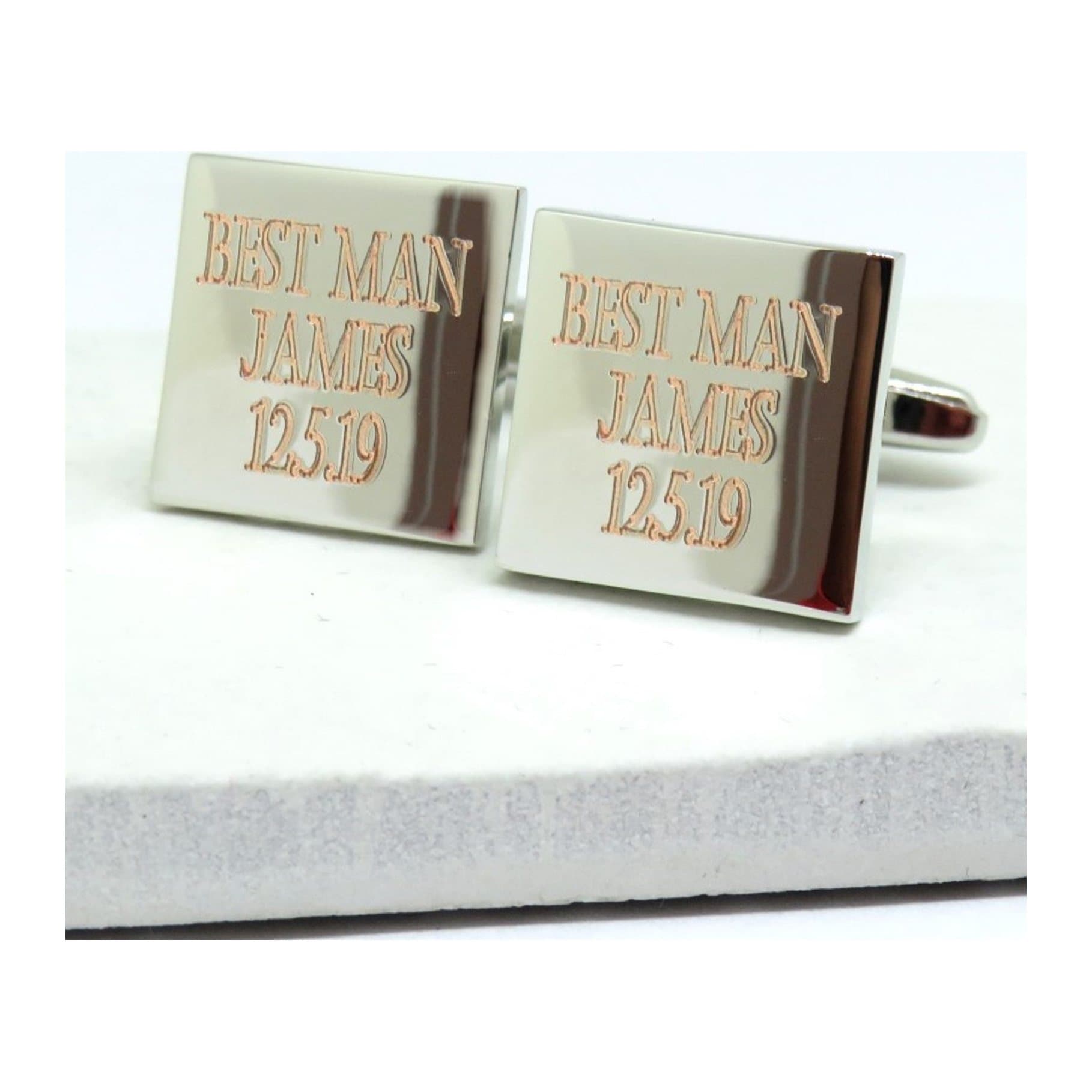 Personalised square cufflinks in silver coloured rhodium plating for a best man