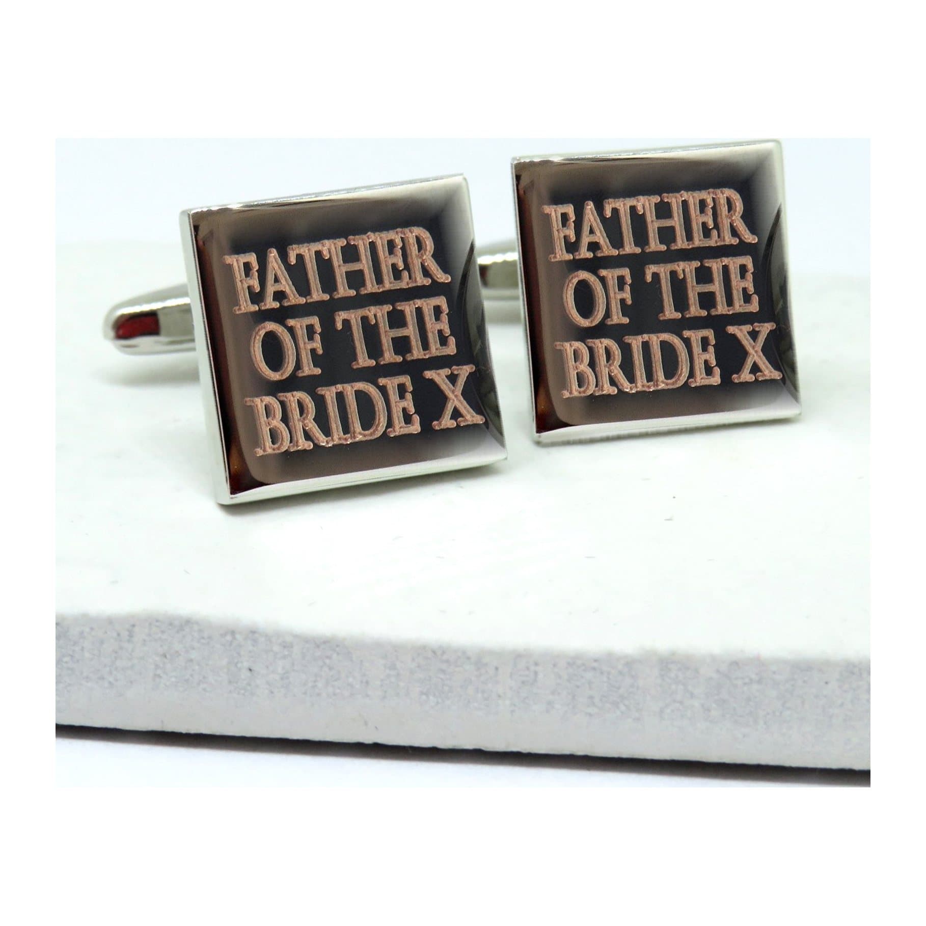 Personalised Father of the Bride cufflinks in a rectangular, silver coloured design