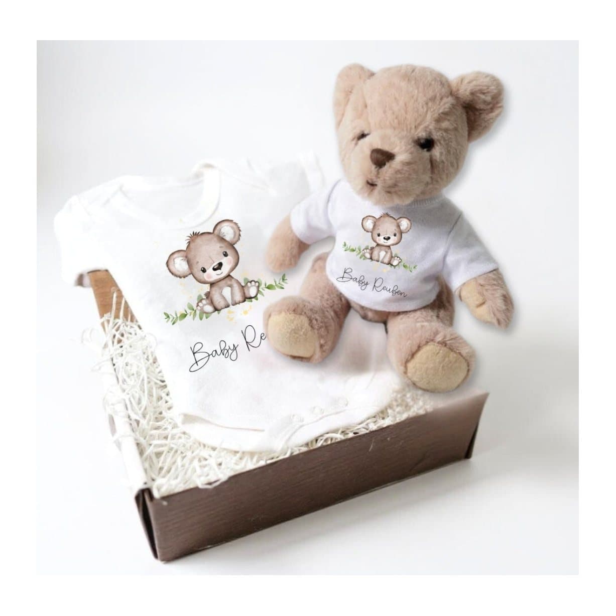 Personalised bear baby gift box with a teddy bear and a baby vest with a bear design
