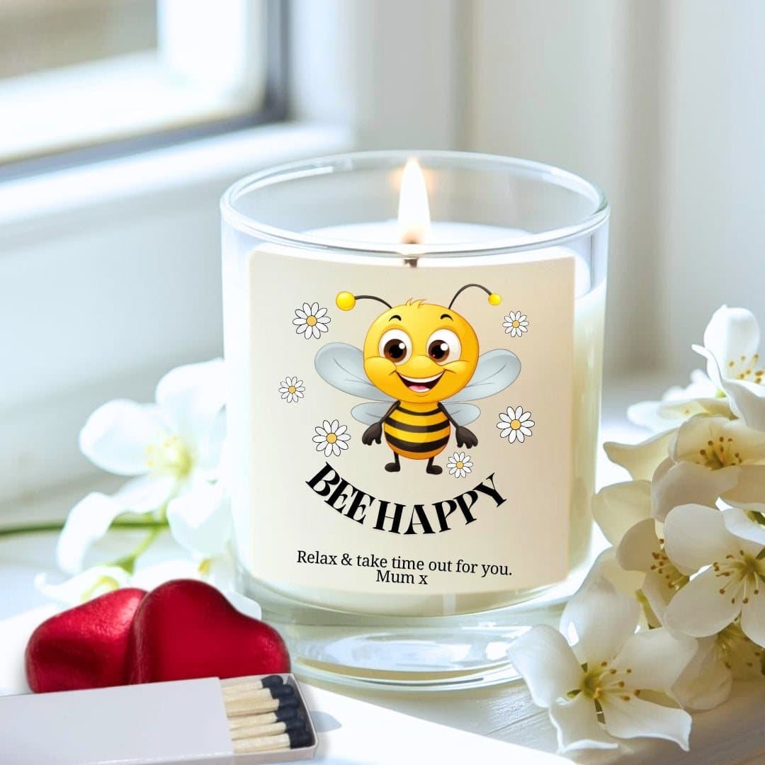 Personalised Bee Happy candle gift set with red foiled chocolate hearts and matches