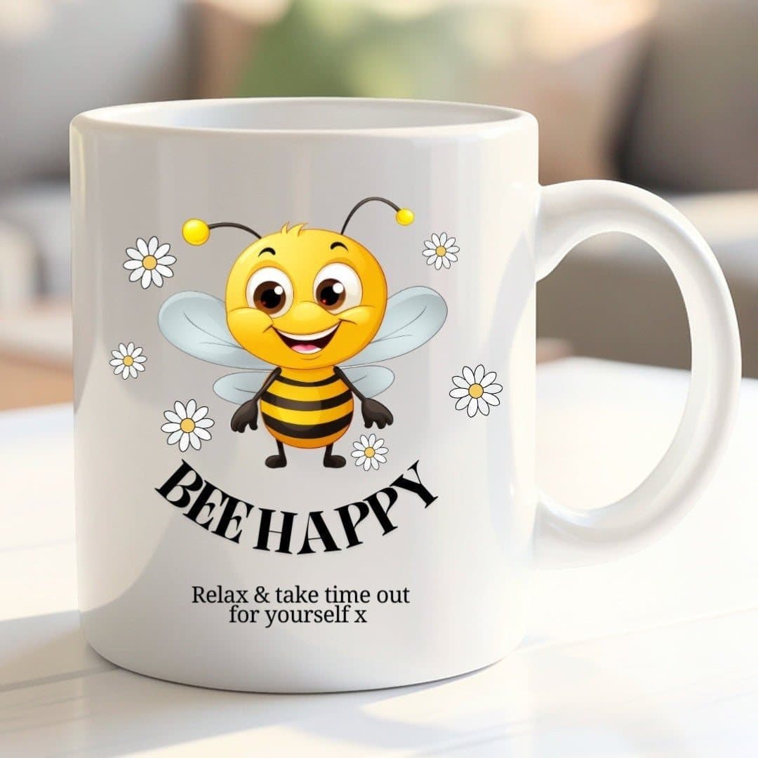 Personalised Bee Happy ceramic mug with the bee design