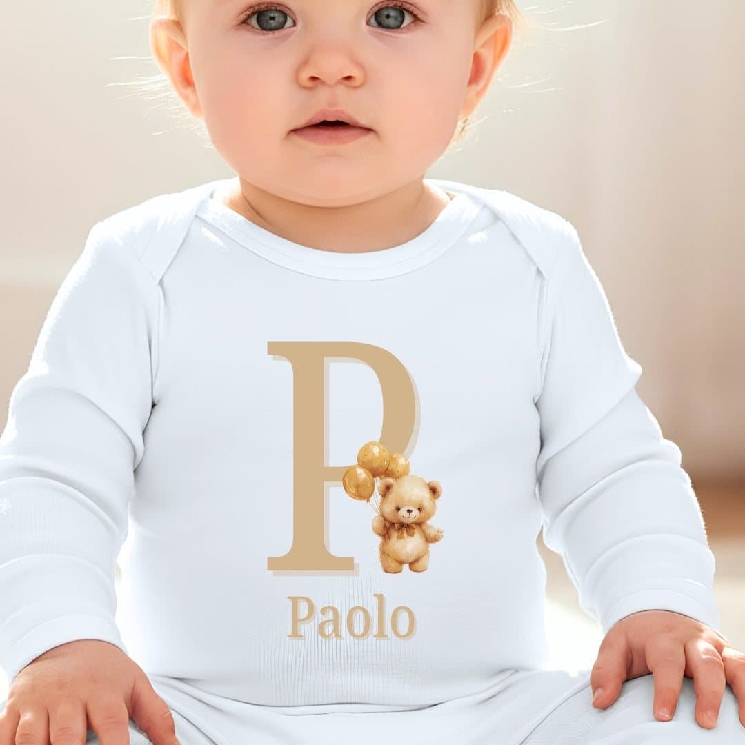 Beige Bear baby grow, vest or bib with a golden teddy bear design