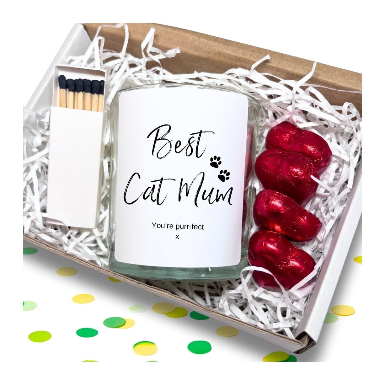 Best Cat Mum candle gift set with candle, chocolate hearts and matches