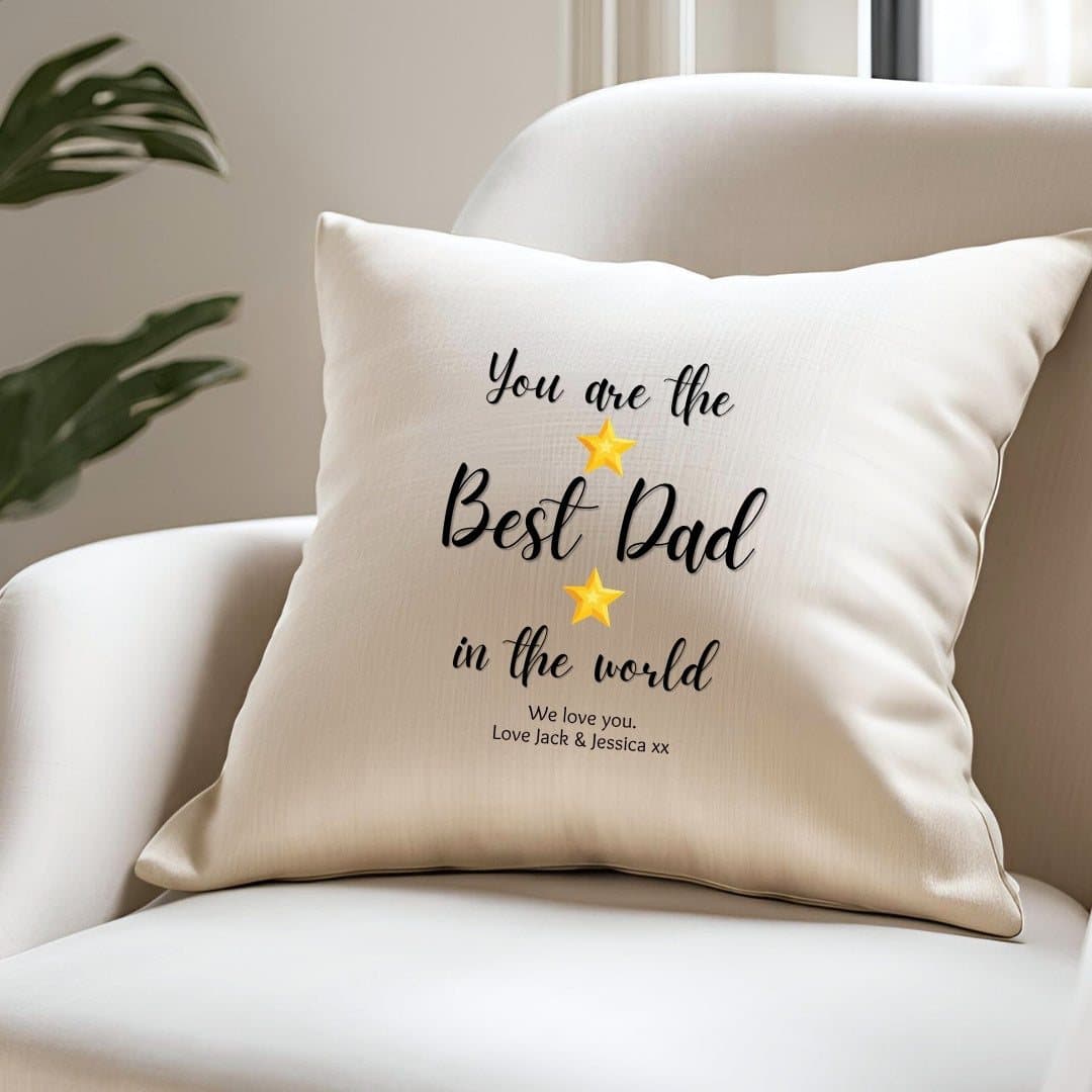 Personalised Best Dad Stars cushion in linen-look fabric
