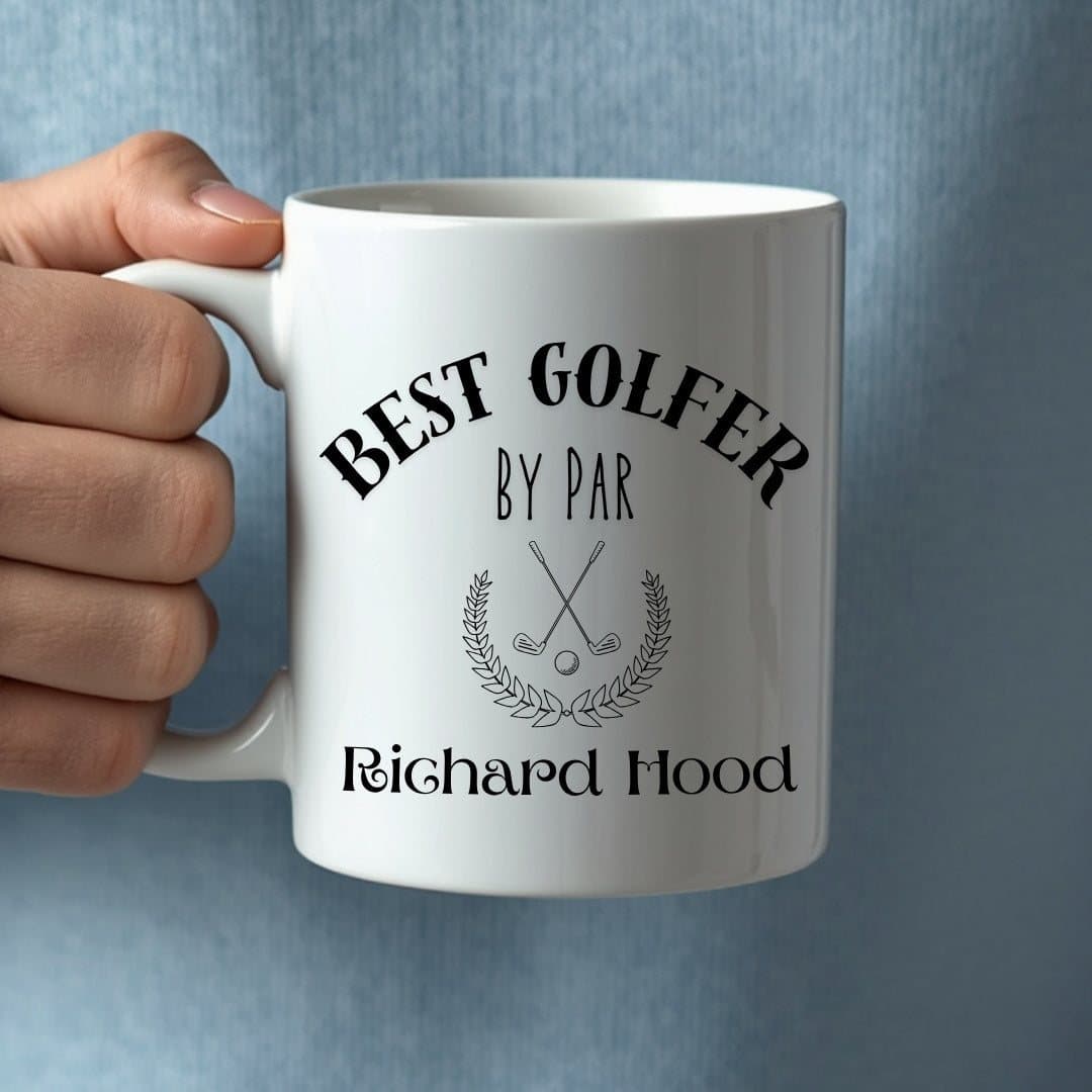 Ceramic mug with a Best Golfer by Par design, personalised for Dad