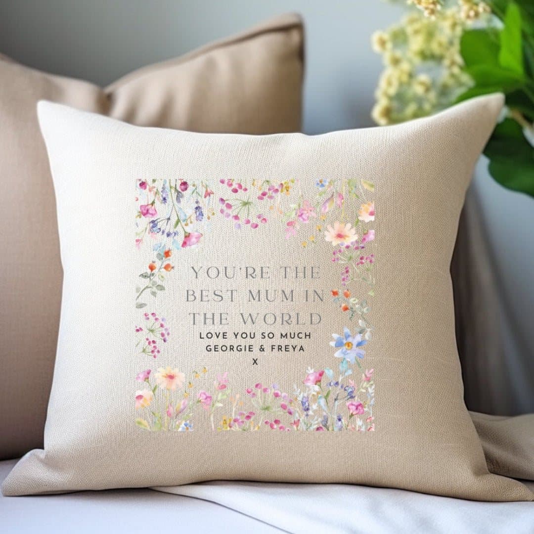 Linen-look personalised cushion with colourful flowers and You're The Best text