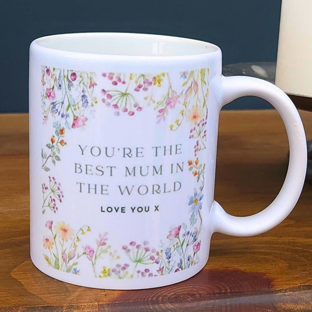 Ceramic Best Mum mug with a personalised design printed on both sides.