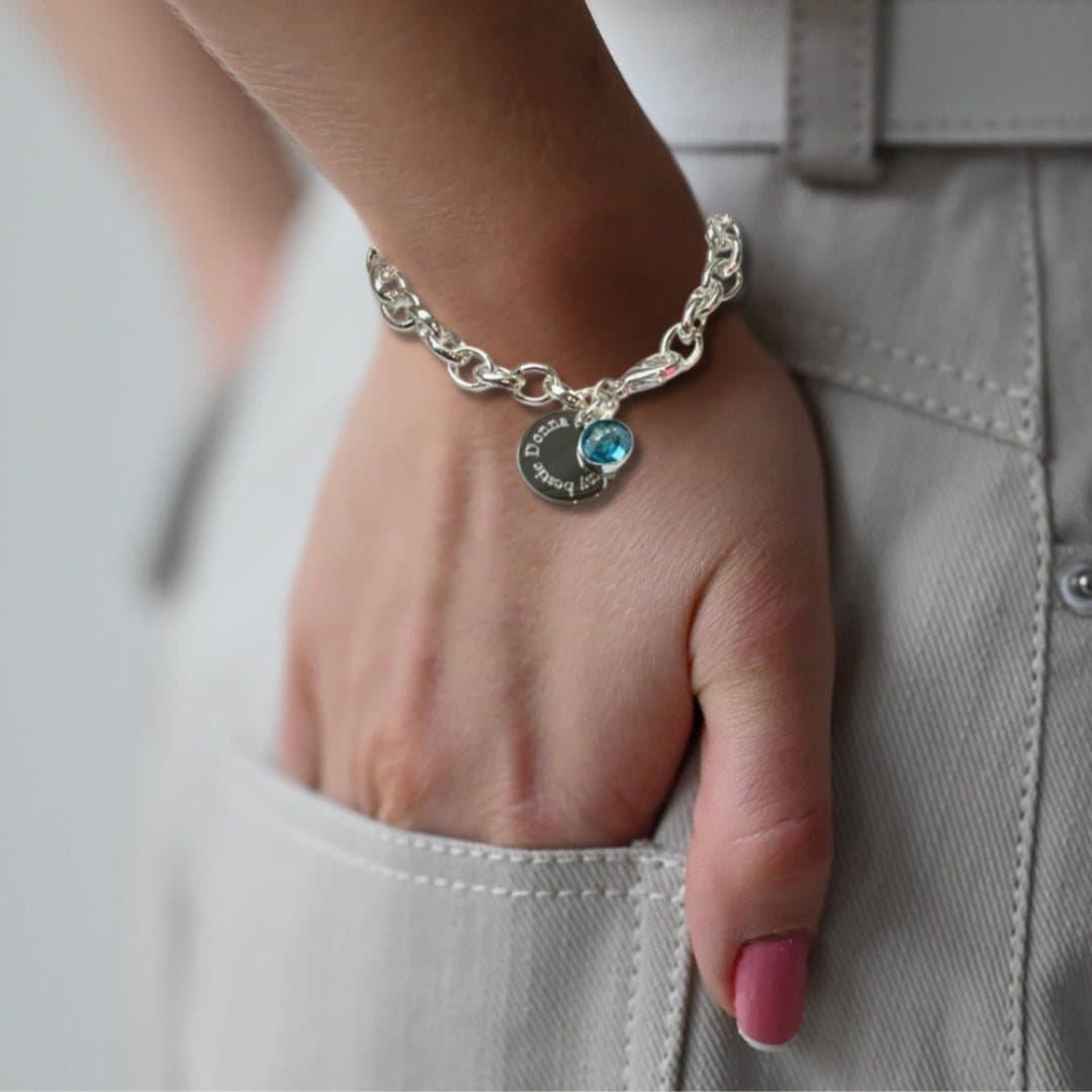 Silver plated cable bracelet with a birthstone charm and an engraved disc