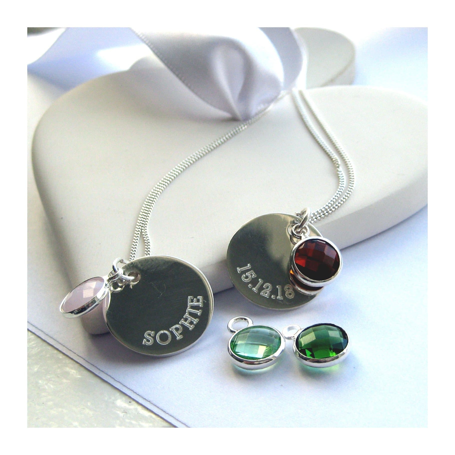 Personalised birthstone charm necklace with engraved silver disc and coloured birthstone