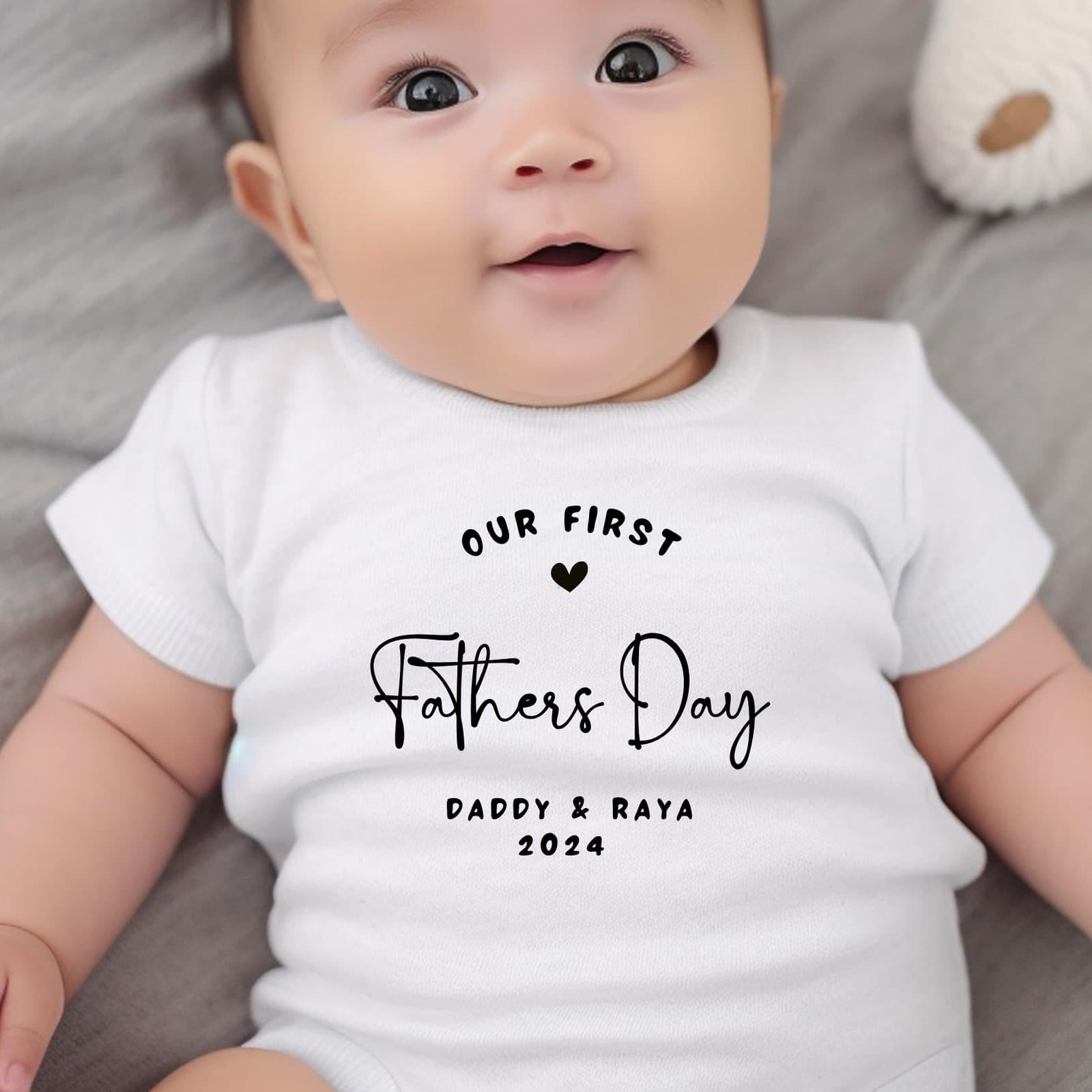 Personalised Our First Fathers Day baby vest, baby grow or bib with names and year