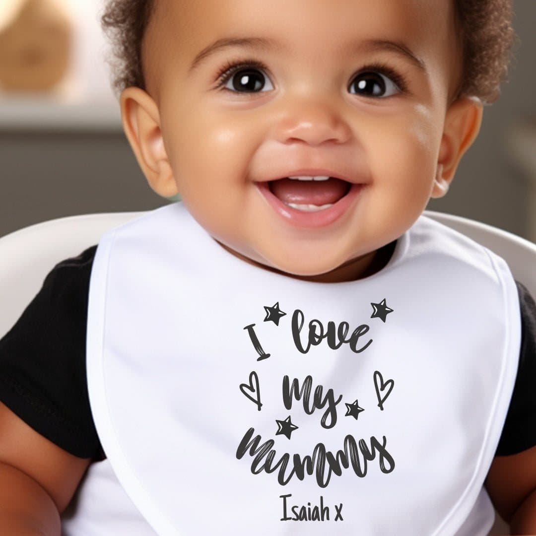 Black and white I Love My Mummy personalised baby outfit with a name