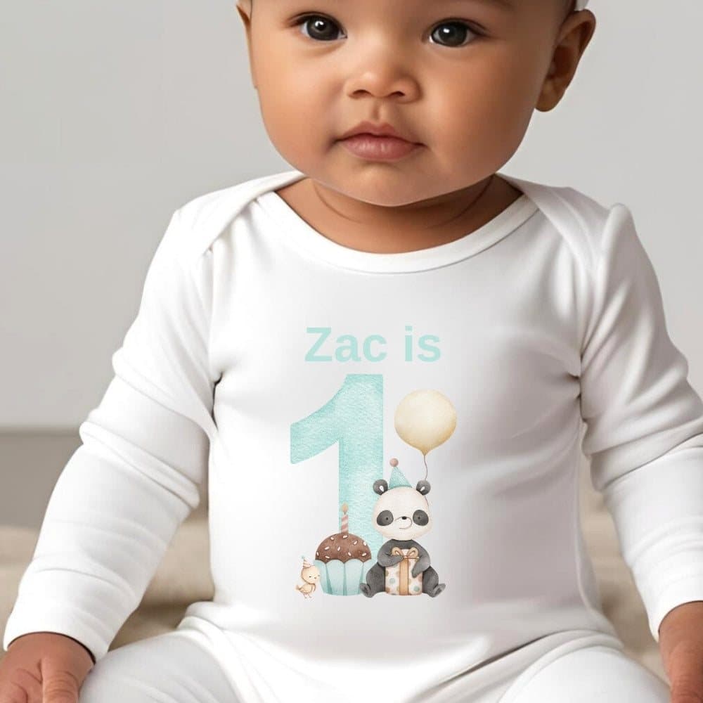 Personalised 1st birthday panda design baby grow, vest or bib with a name