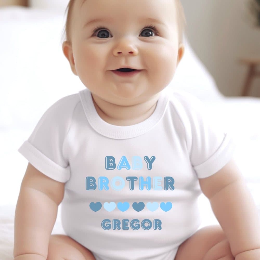 Blue personalised baby outfit with a baby brother design and a name