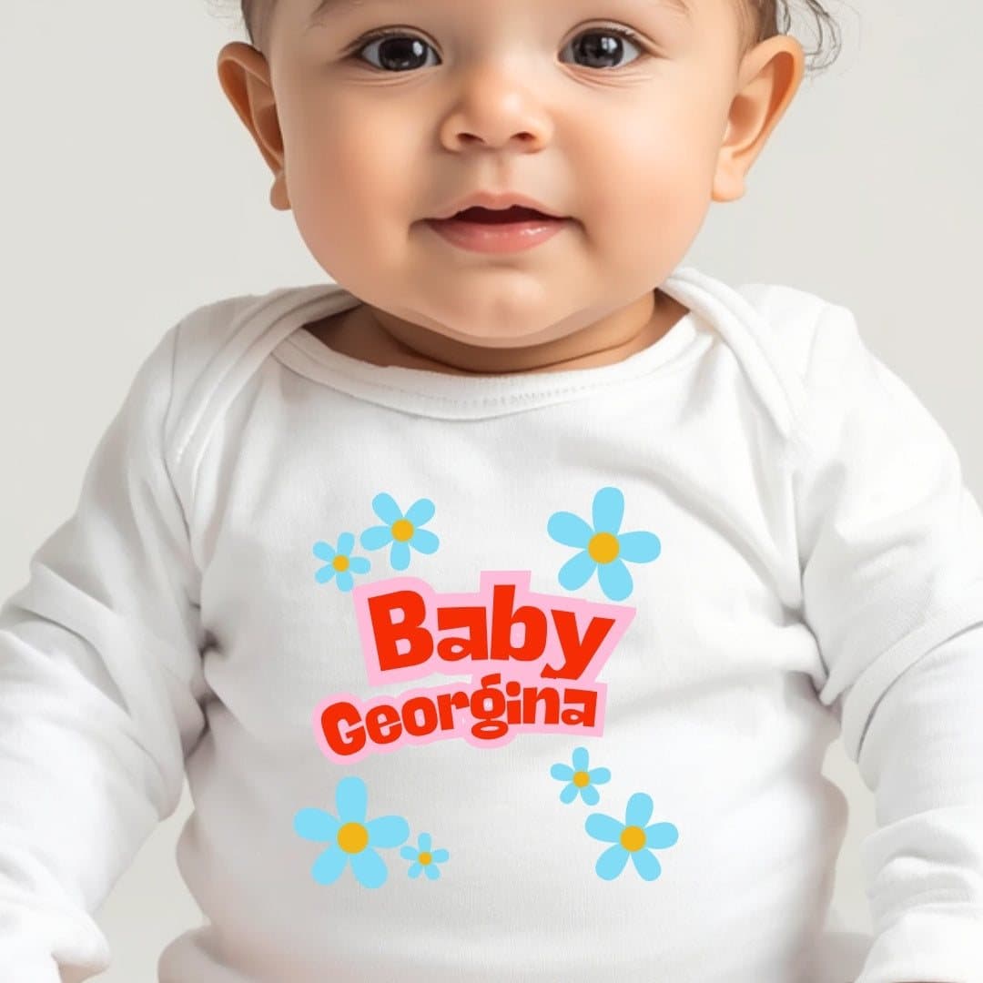 Blue daisy personalised baby grow, vest or bib with a name