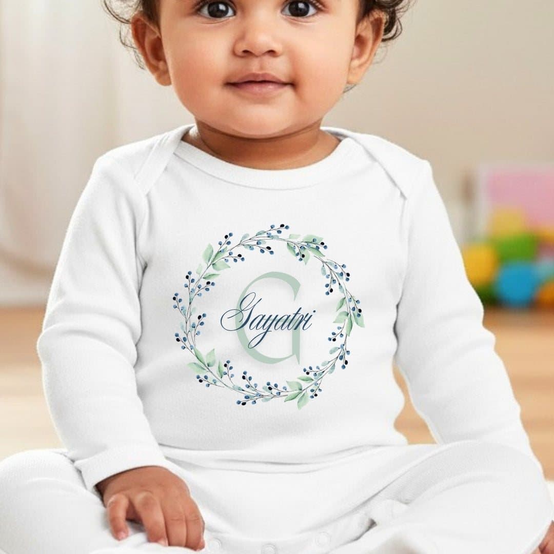 Personalised blue and green floral baby grow, vest or bib