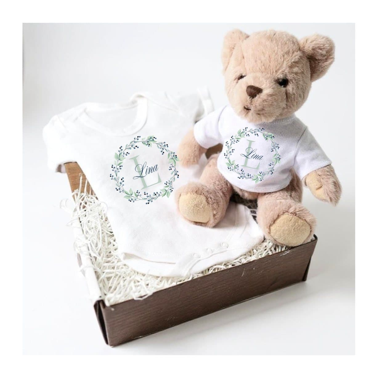 Personalised blue and green floral baby vest and teddy bear