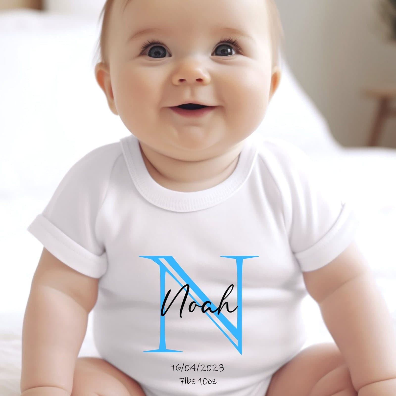 Blue personalised baby outfit with an initial design and a name