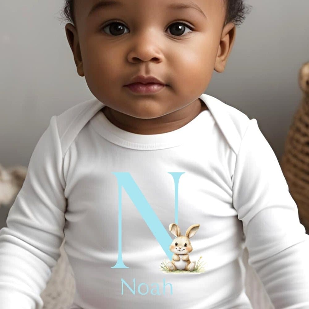Personalised blue bunny baby vest, baby grow or bib