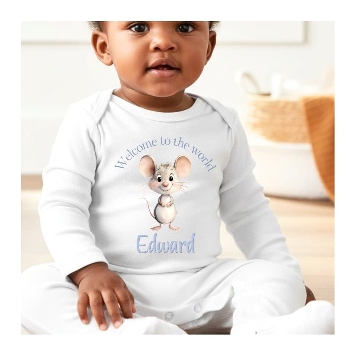 Personalised blue mouse baby grow, vest or bib with a name