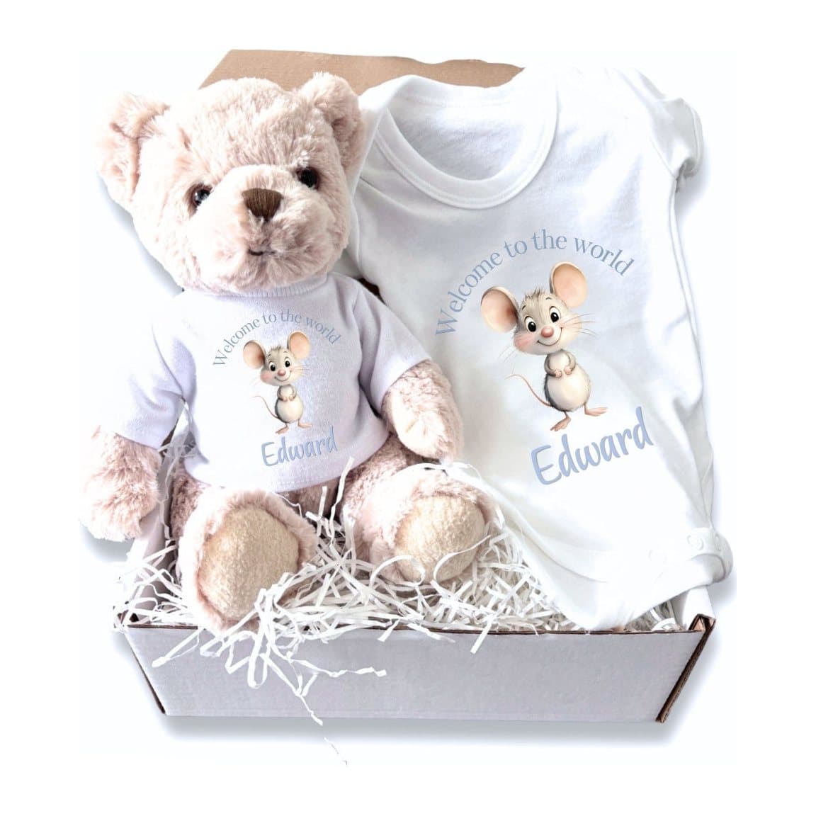 Personalised blue mouse baby gift box with a teddy and a vest