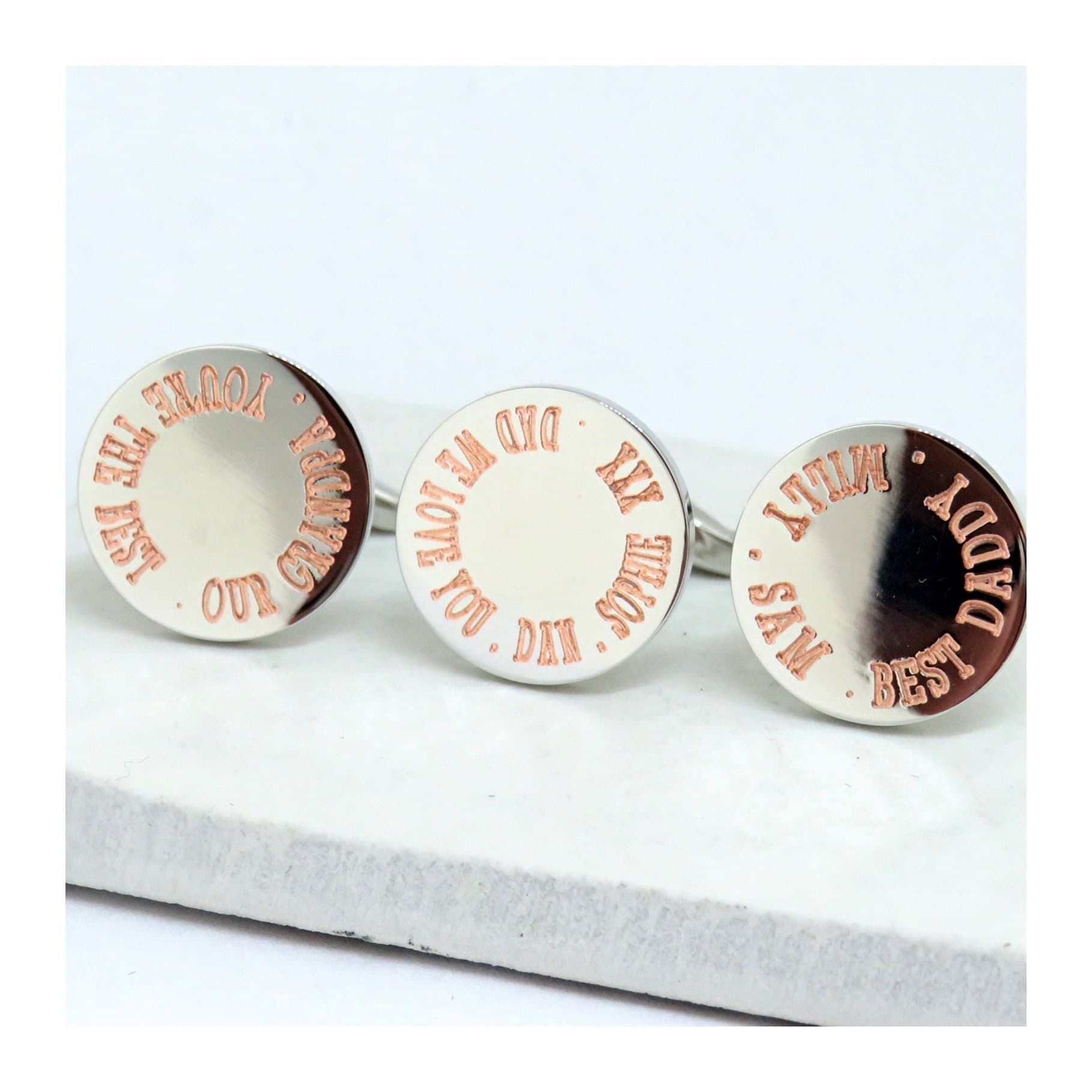 Round silver coloured personalised wedding cufflinks