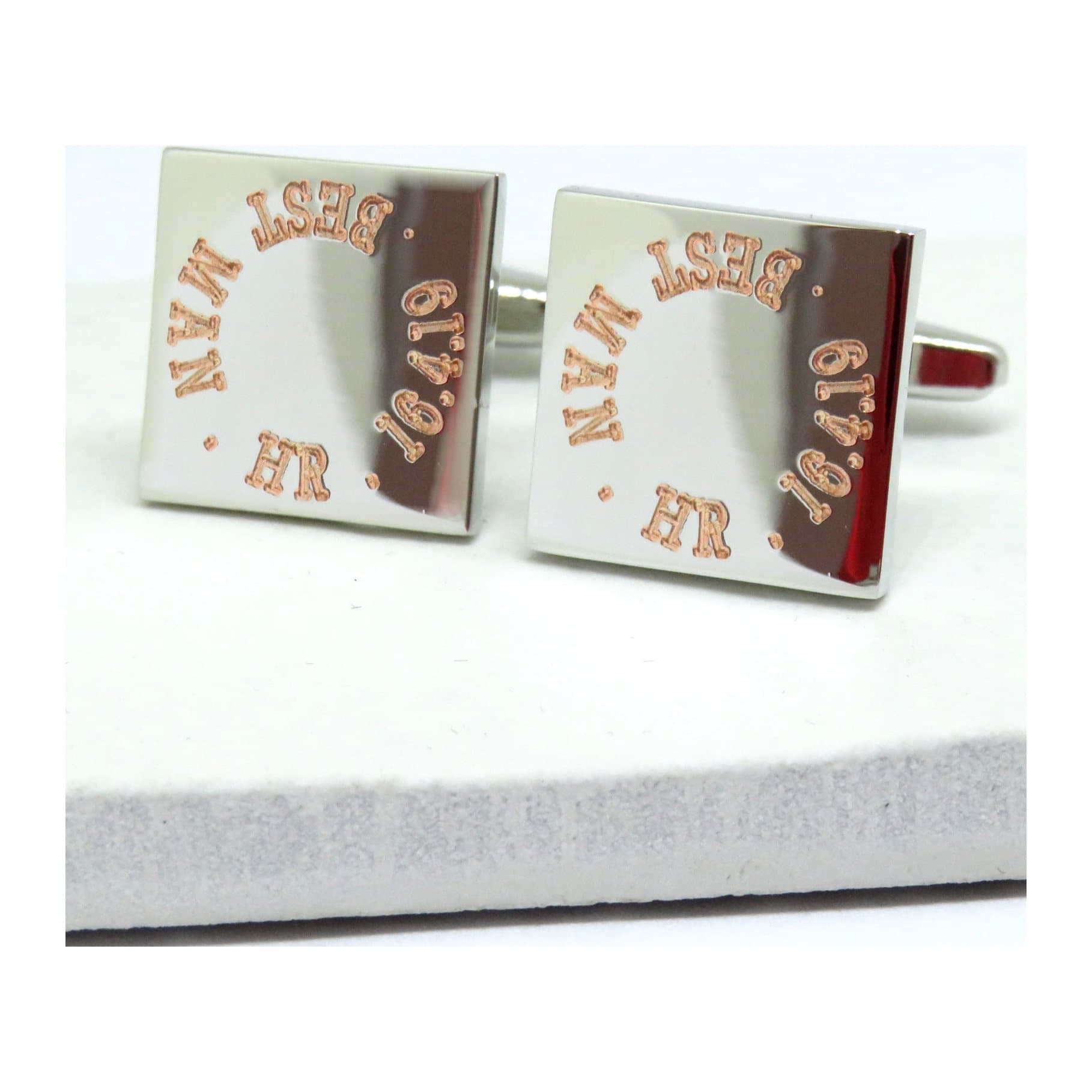 Personalised square silver cufflinks with a name engraved on each