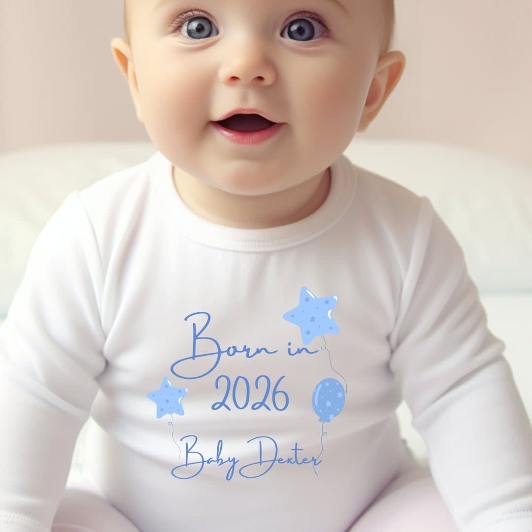 Blue balloon Born in 2026 baby outfit with a personalised name