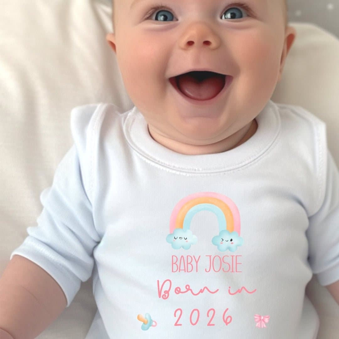 Personalised Born in 2026 rainbow baby grow with a name on the design