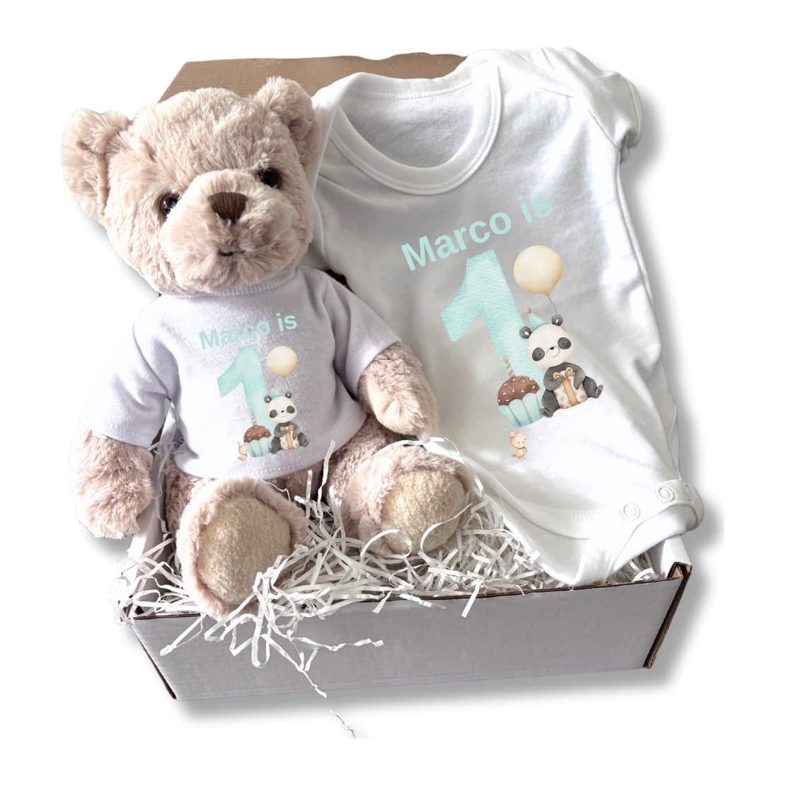Personalised boys 1st birthday panda teddy and baby vest