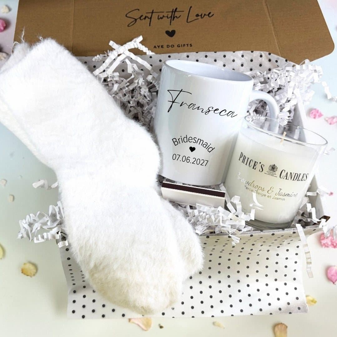 Personalised bridesmaid mug, scented candle, fluffy socks and matches in a hamper