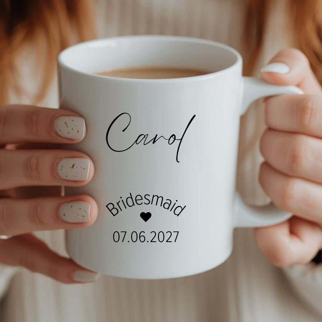 Personalised ceramic bridesmaid mug with a bridesmaid design printed on it