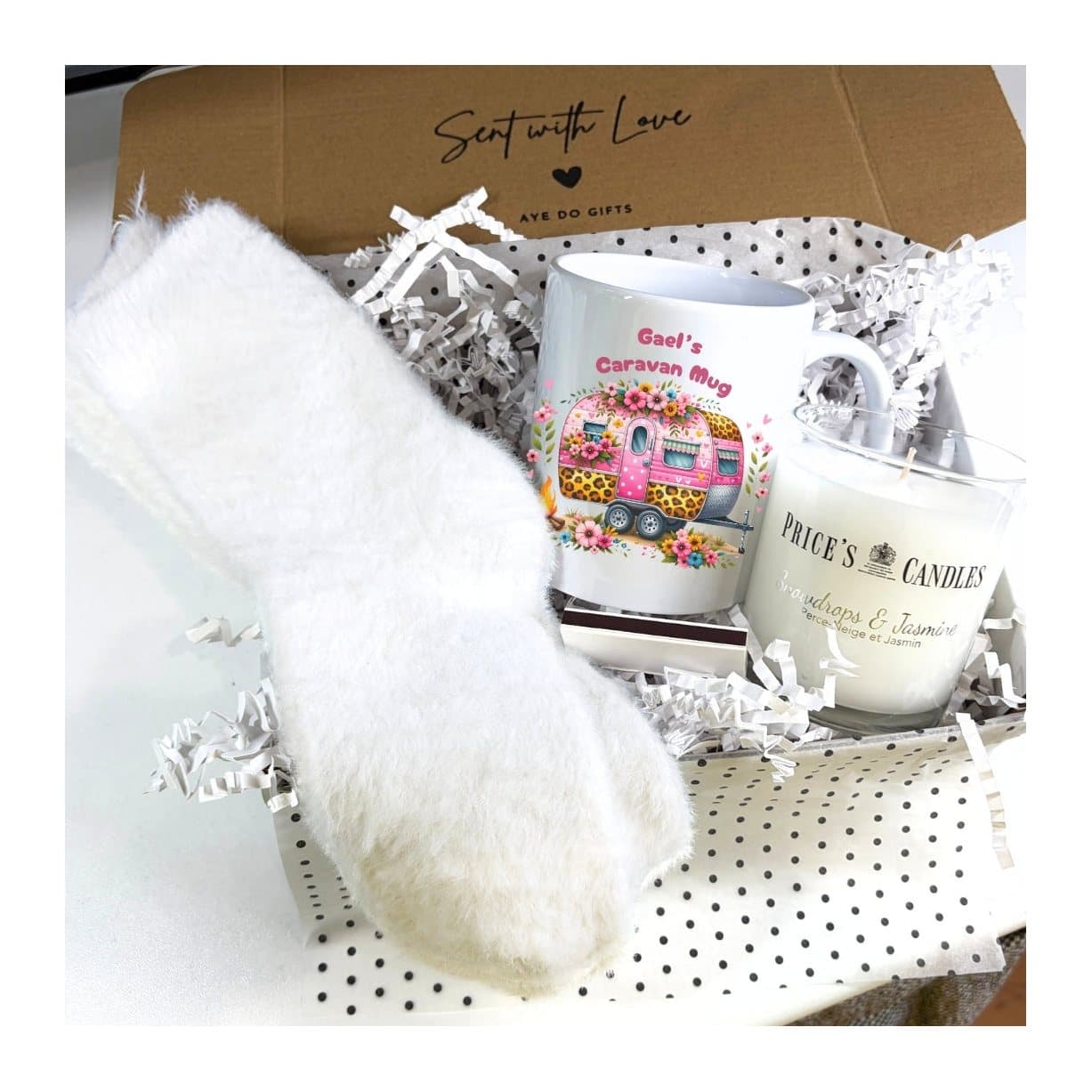 Personalised caravan mug, fluffy socks and scented candle gift hamper