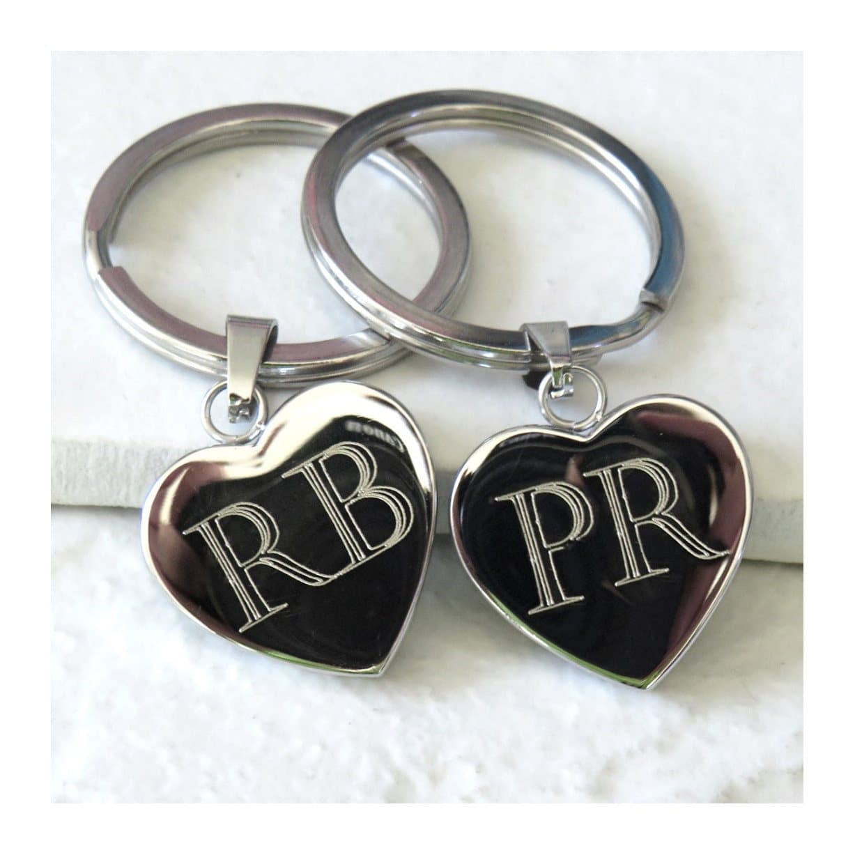 Silver stainless steel heart keyring engraved with initials