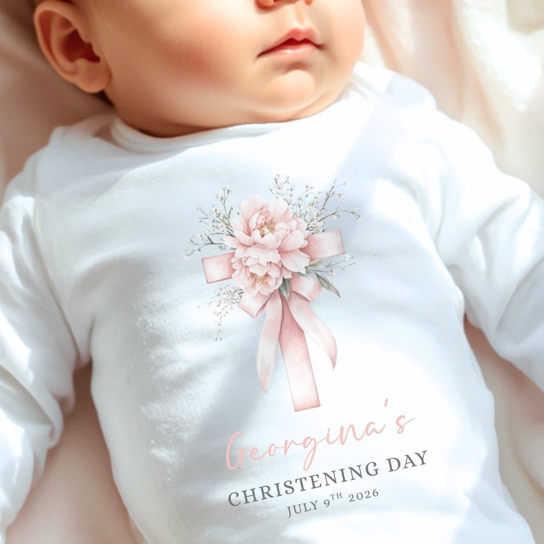 Personalised christening baby outfit with a cross and pink flowers design