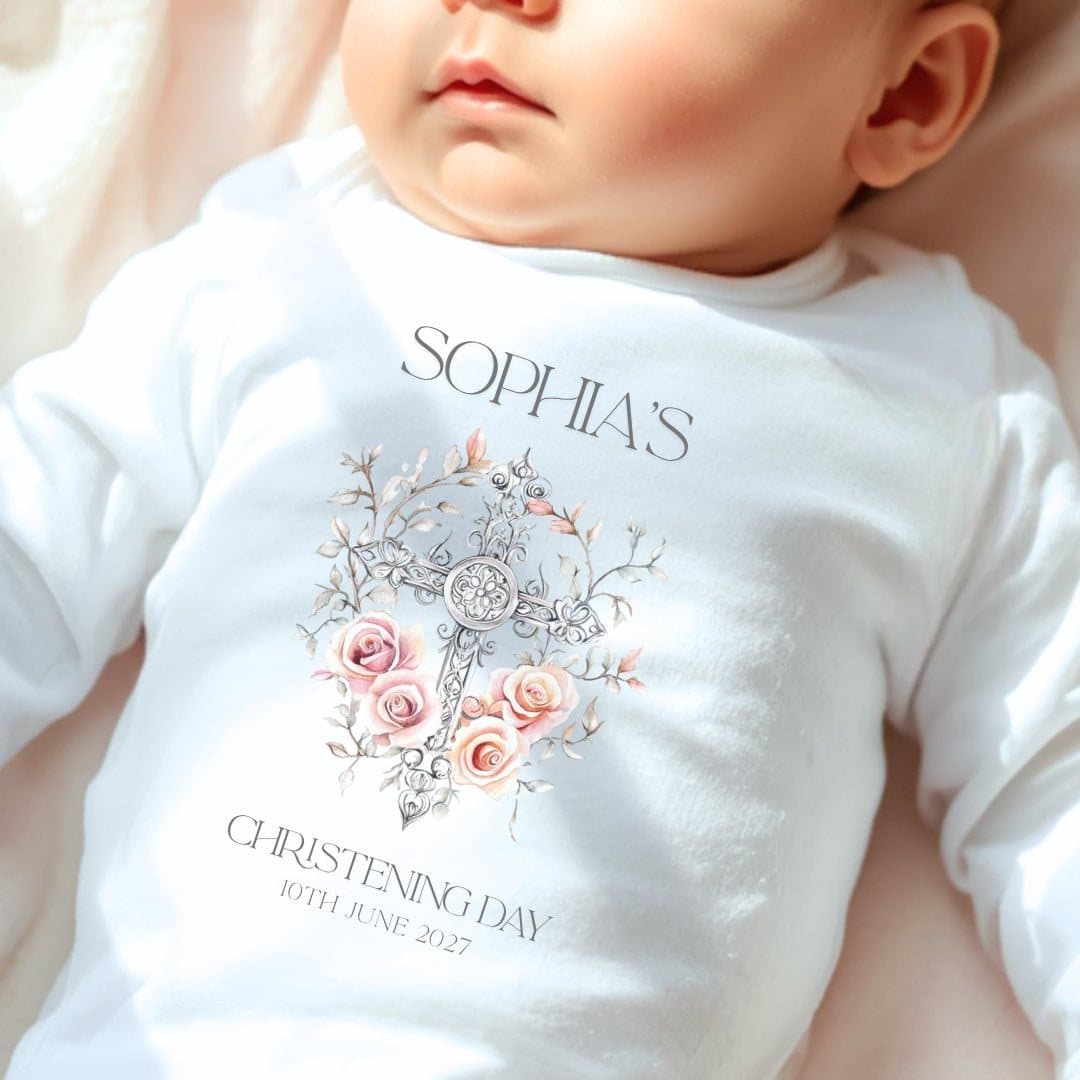 Personalised floral cross christening baby vest, baby grow or bib